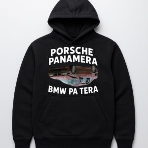 Czarna bluza z nadrukiem Porsche Panamera, BMW i odwróconym samochodem.