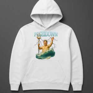 Biały hoodie z ilustracją Posejdona i napisem POSEIDOWN na przodzie.