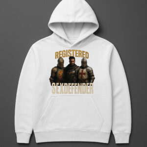 Biała bluza z kapturem z grafiką trzech rycerzy i napisem Registered Sexdefender.