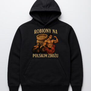Bluza z napisem Robiony na polskim zbożu oraz grafiką z mężczyzną i traktorem.