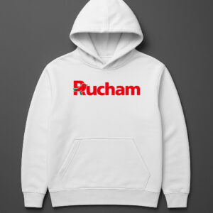 Biała bluza z kapturem z czerwonym napisem Rucham.