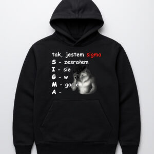 Czarna bluza z napisem tak, jestem sigma i obrazkiem wilka.
