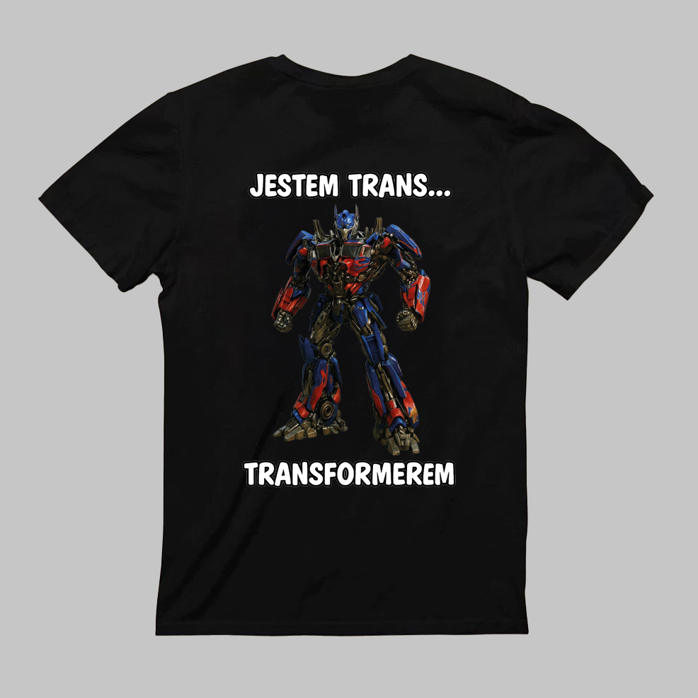 Czarna koszulka z grafiką robota i napisem Jestem trans... Transformerem.