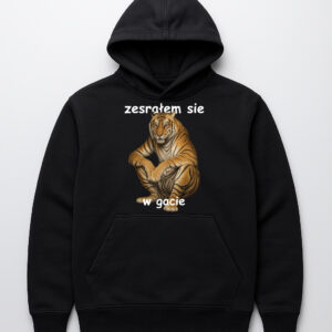 Czarna bluza z kapturem z tygrysem i napisem humorystycznym.