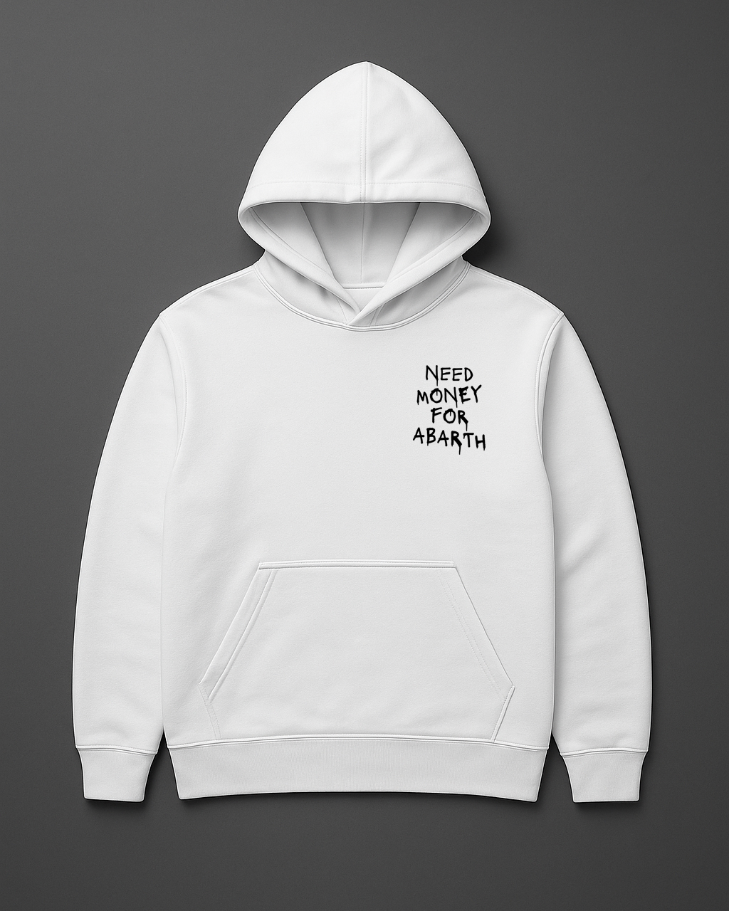Biała bluza z kapturem z napisem Need Money for Abarth na ciemnym tle.