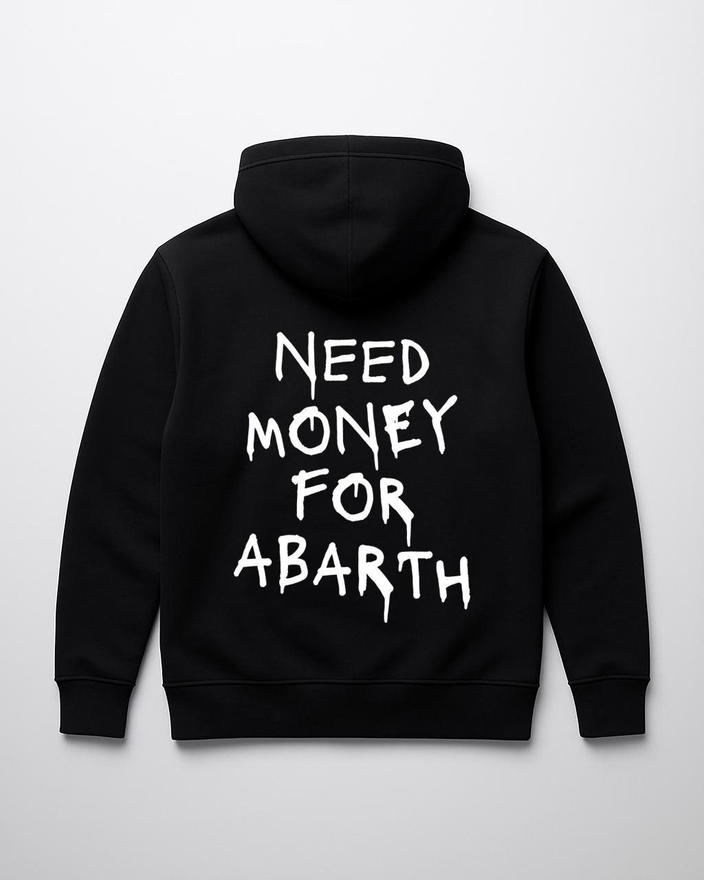 Czarna bluza z napisem Need Money for Abarth na plecach.