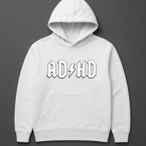 Biała bluza z kapturem i napisem ADHD w stylu rockowym na szarym tle.