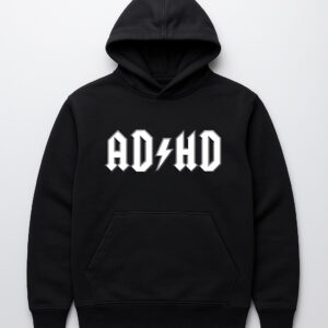Czarna bluza z kapturem z białym napisem ADHD na przodzie.