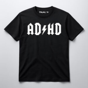 Czarna koszulka z napisem ADHD w stylu rockowym.