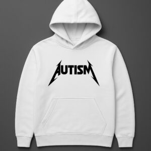 Biała bluza z kapturem o czarnym nadruku Autism w stylu Metallica.