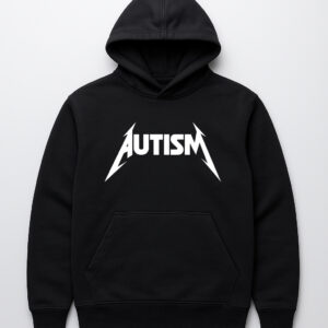 Czarna bluza z kapturem i białym napisem Autism w stylu logotypu zespołu muzycznego.