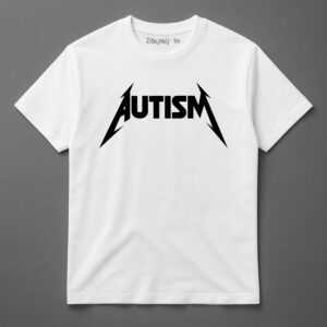 Biała koszulka z napisem Autism w stylu logo zespołu muzycznego.