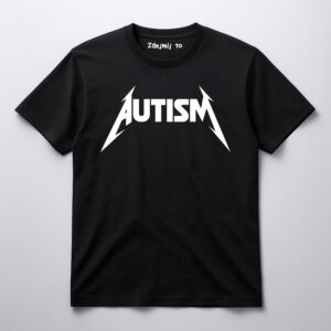 Koszulka z napisem Autism stylizowanym na logo zespołu rockowego.