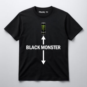 Czarna koszulka z grafiką puszki napoju energetycznego i napisem Black Monster.