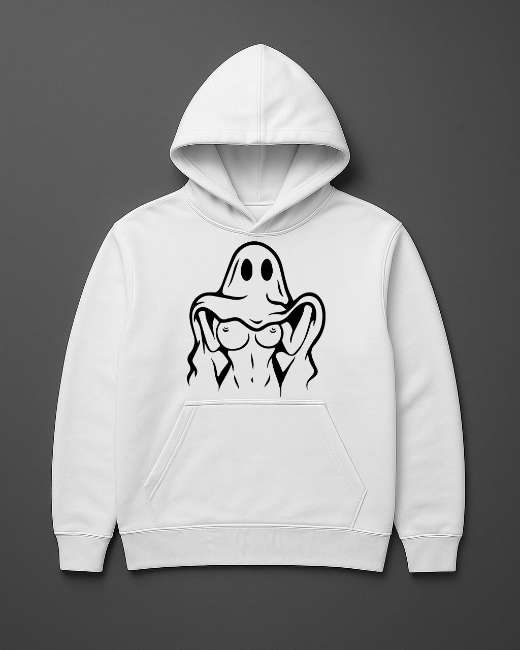 Biała bluza z kapturem z nadrukiem ducha.