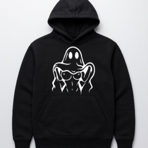 Czarna bluza z kapturem i rysunkiem ducha na przodzie.