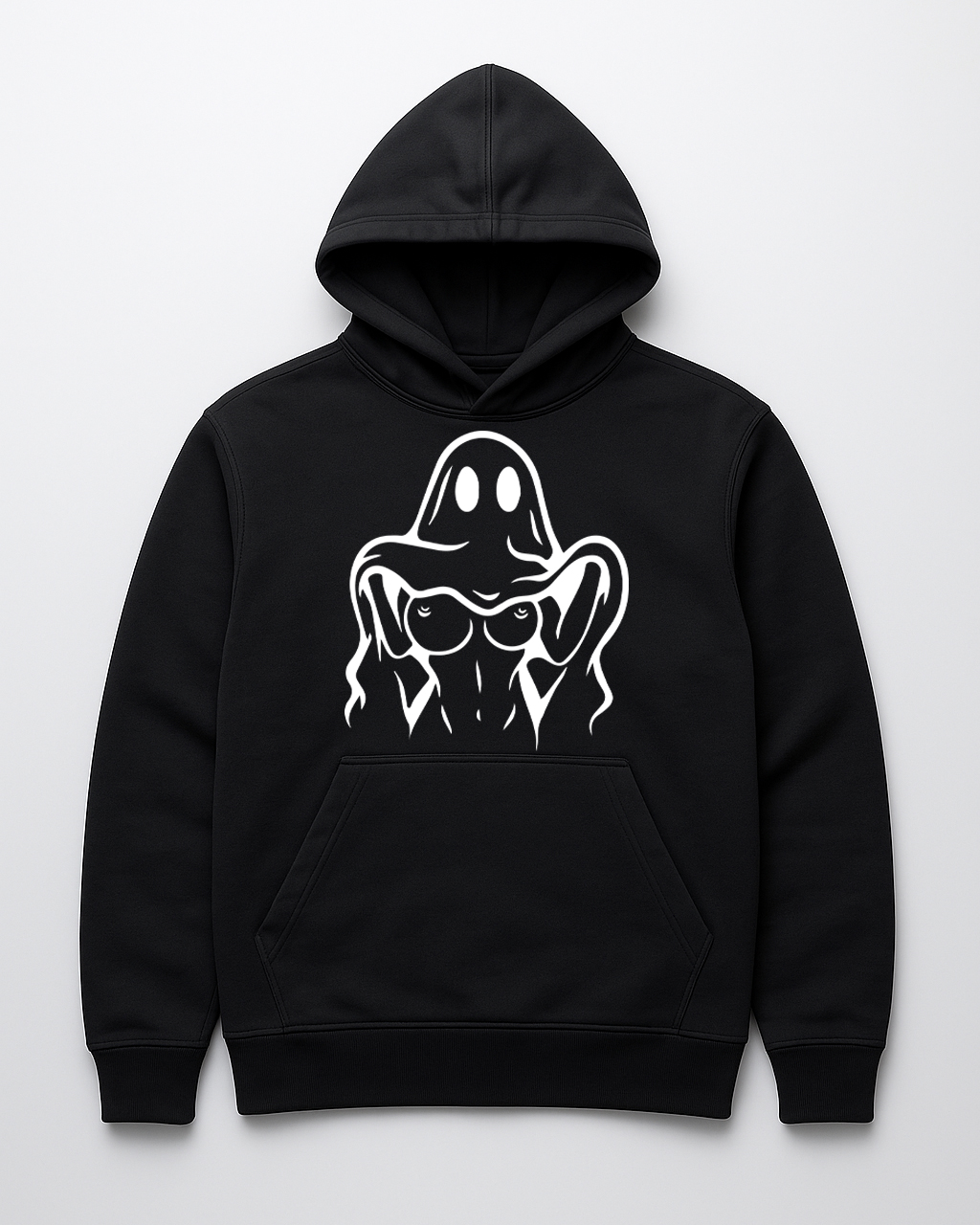 Czarna bluza z kapturem i rysunkiem ducha na przodzie.