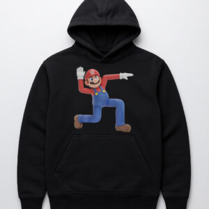 Czarna bluza z kapturem z nadrukiem postaci z gry w dynamicznej pozie.