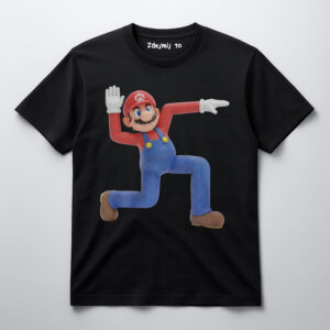 Czarna koszulka z nadrukiem postaci z gry w dynamicznej pozie.