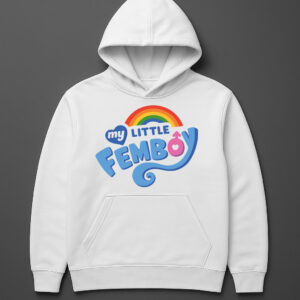 Biała bluza z kapturem i napisem my little femboy oraz tęczowym motywem.