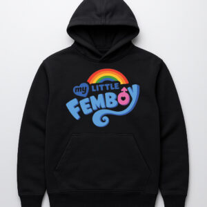 alt=Czarna bluza z kapturem i kolorowym nadrukiem 'My Little Femboy'