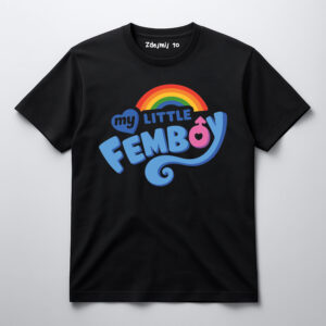 Koszulka z napisem My Little Femboy i tęczą na czarnym tle.