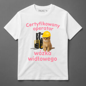 Koszulka z kotem w kasku, operator wózka widłowego.