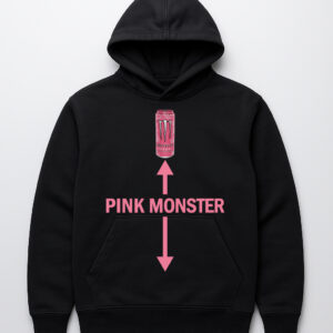 Czarna bluza z kapturem z nadrukiem puszki Pink Monster i różowym napisem.