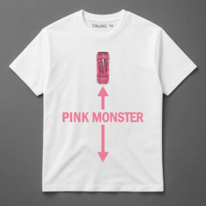 Koszulka z grafiką różowej puszki napoju energetycznego i napisem PINK MONSTER.