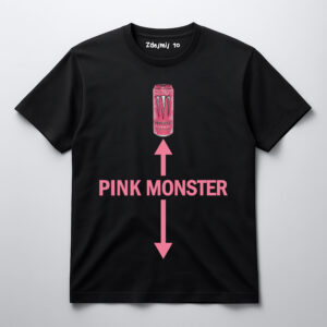 Czarna koszulka z grafiką różowej puszki napoju i napisem PINK MONSTER.