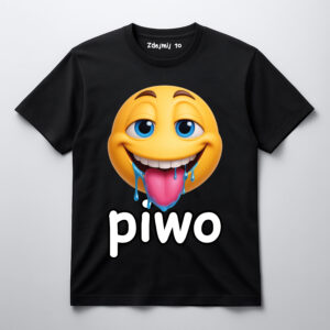 Czarna koszulka z emoji wylizującym się na słowo piwo.