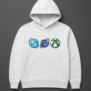 Biała bluza z kapturem z kolorowym napisem wykonanym z ikon przeglądarek internetowych.