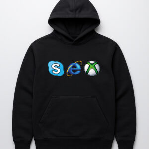 Czarna bluza z kapturem z grafiką złożoną z kolorowych ikon na piersi.