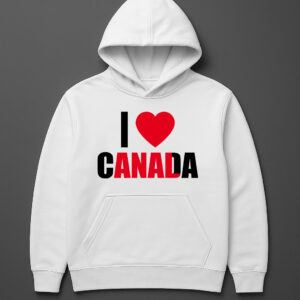 Biała bluza z nadrukiem I ♥ CANADA na szarym tle.