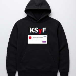 Czarna bluza z kapturem z napisem KSyF i komunikatem o błędzie na ekranie.