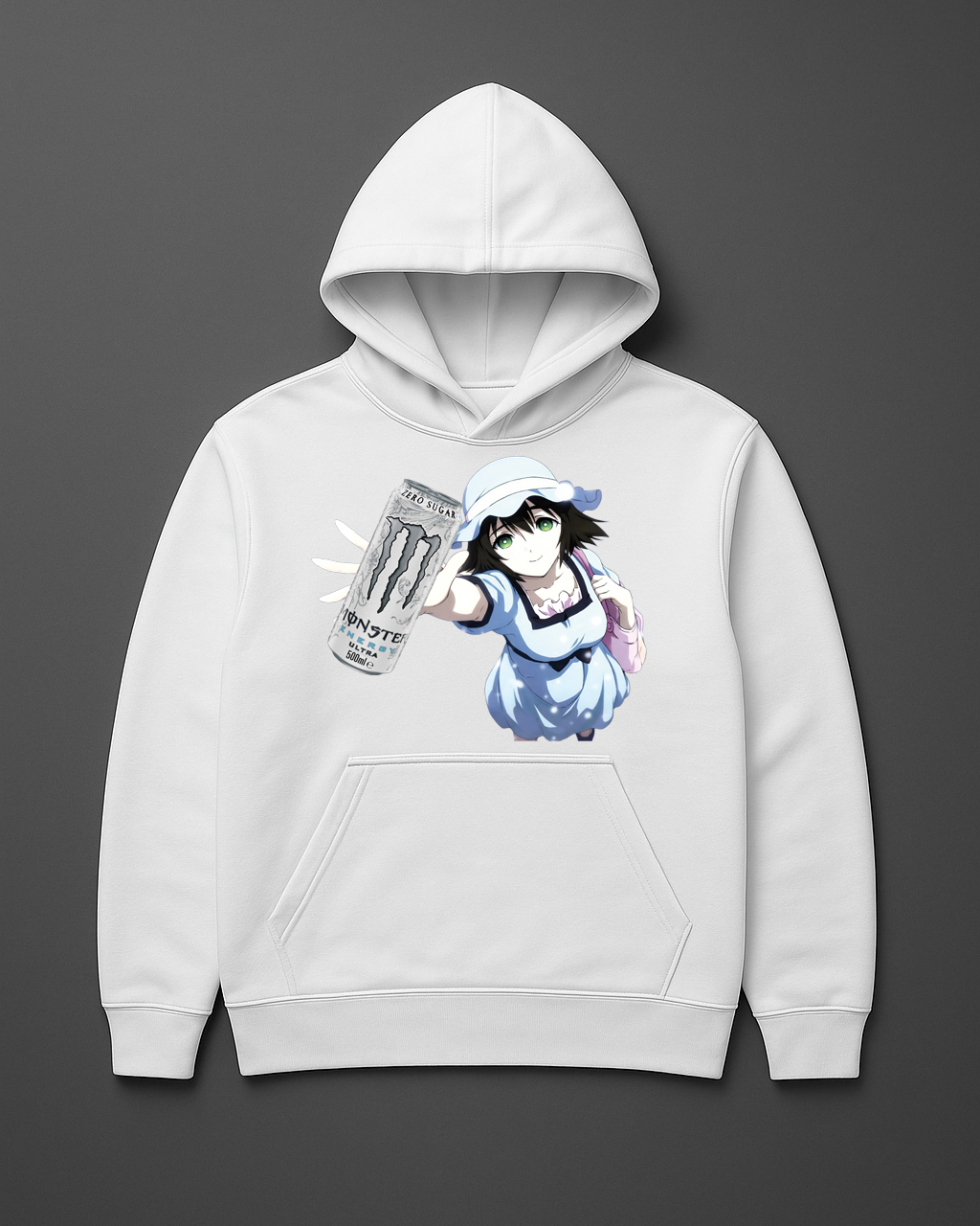 Bluza z kapturem z nadrukiem anime dziewczyny i puszką napoju energetycznego.