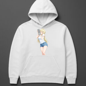 Biała bluza z kapturem z grafiką anime dziewczyny z puszką napoju na przedzie.
