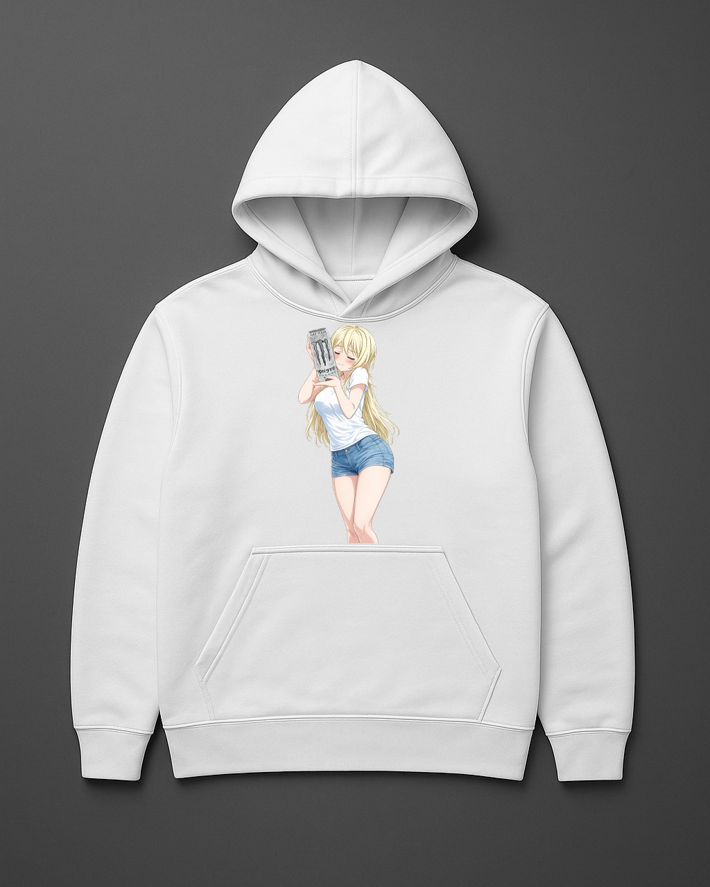 Biała bluza z kapturem z grafiką anime dziewczyny z puszką napoju na przedzie.