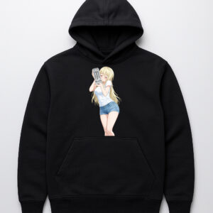 Czarna bluza z kapturem z nadrukiem postaci anime, dziewczyna z długimi blond włosami.