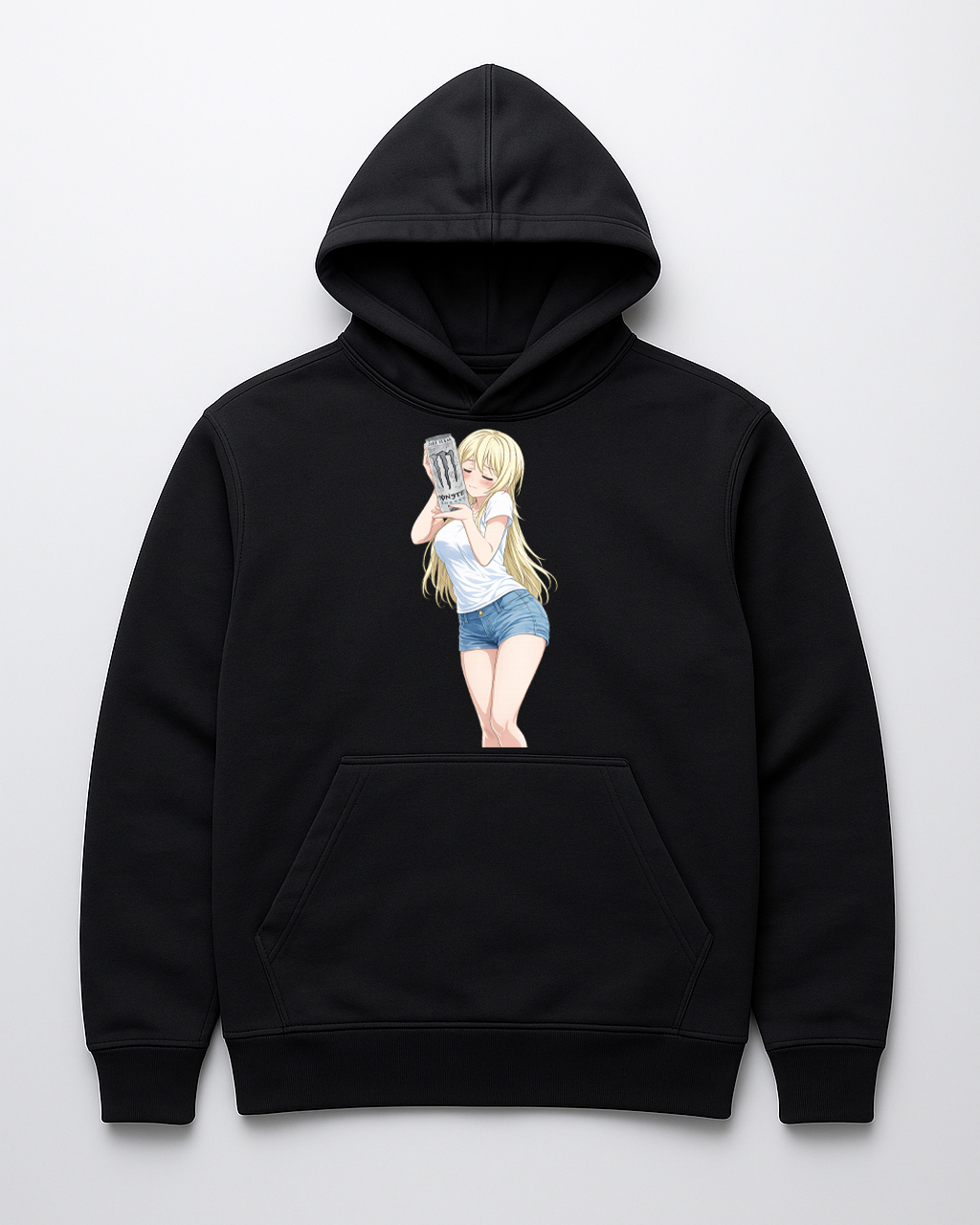 Czarna bluza z kapturem z nadrukiem postaci anime, dziewczyna z długimi blond włosami.