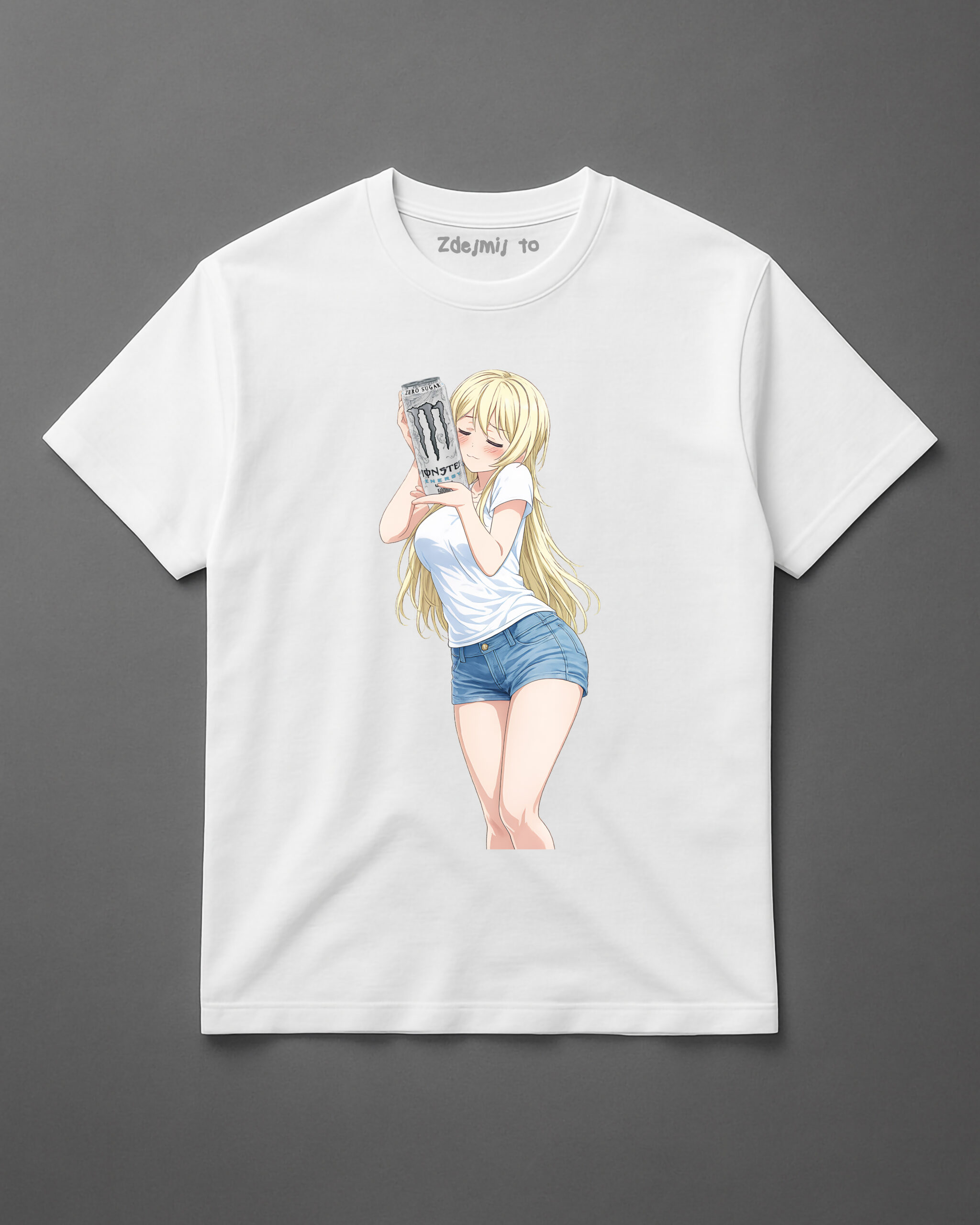 Biała koszulka z nadrukiem blond postaci anime trzymającej puszkę napoju.