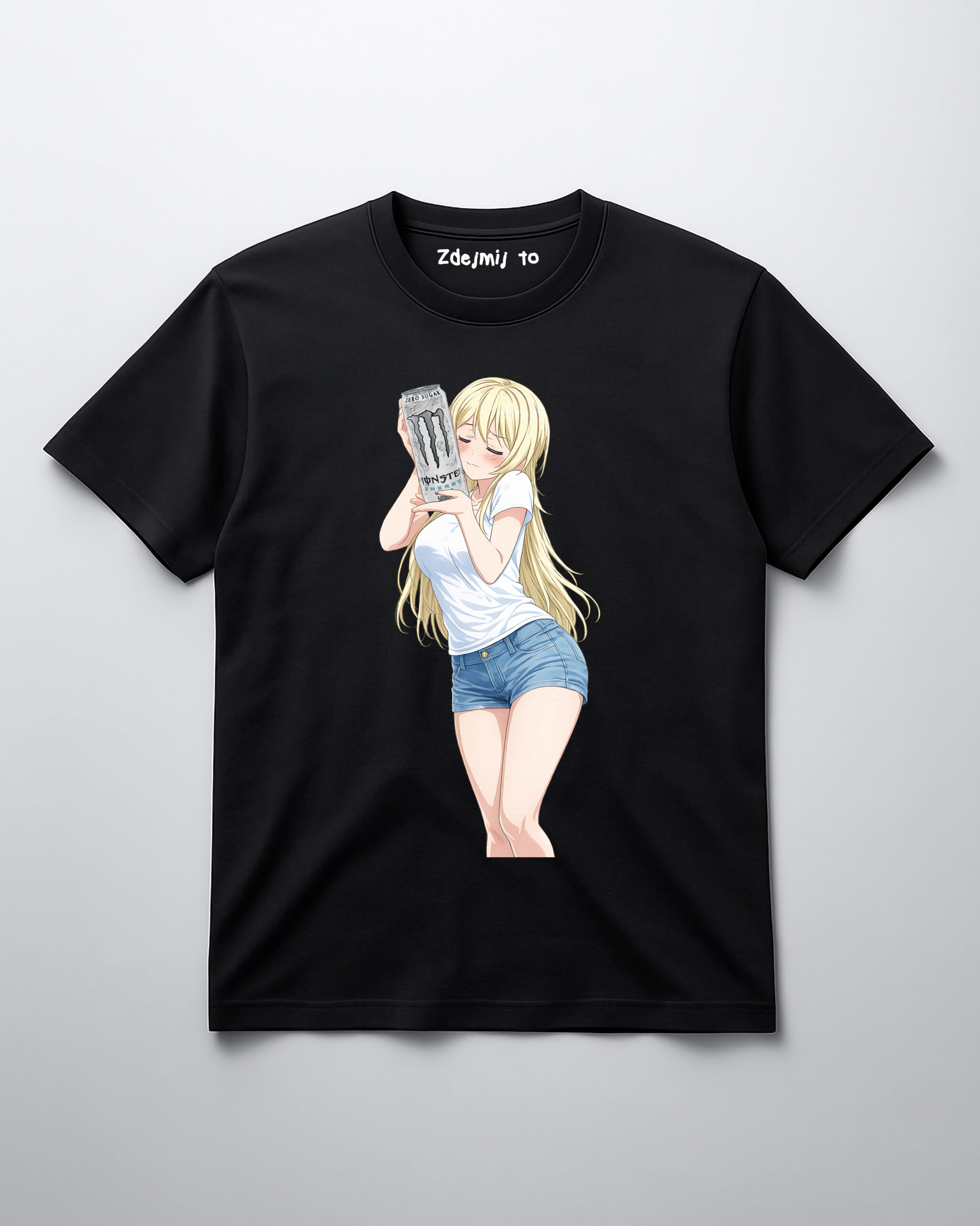 Czarna koszulka z nadrukiem anime, dziewczyna trzyma puszkę napoju energetycznego.