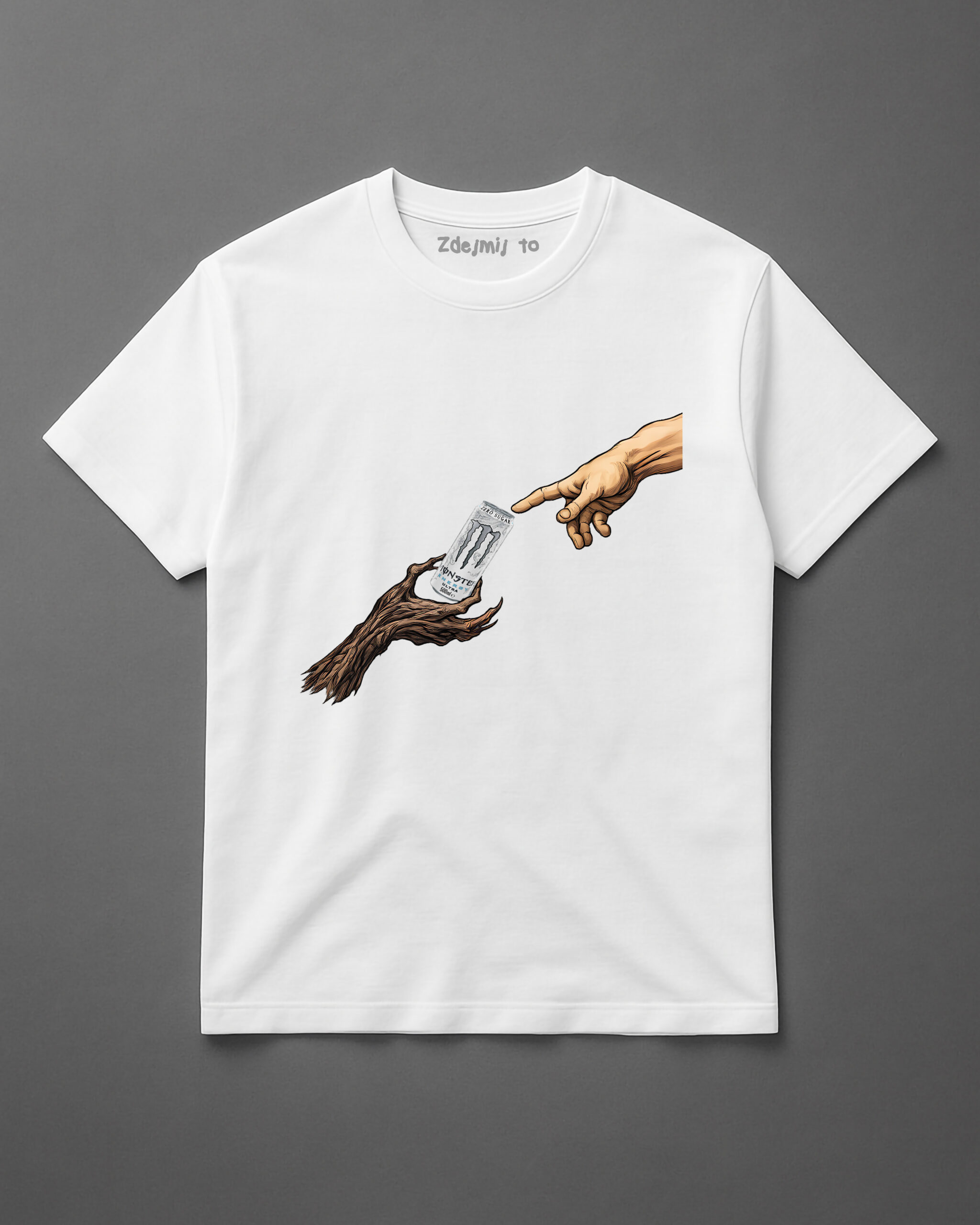 Koszulka z grafiką przedstawiającą ręce podające sobie napój energetyczny.