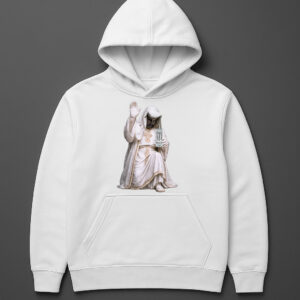 Bluza z kapturem z nadrukiem postaci w białej szacie, trzymającej świecę.