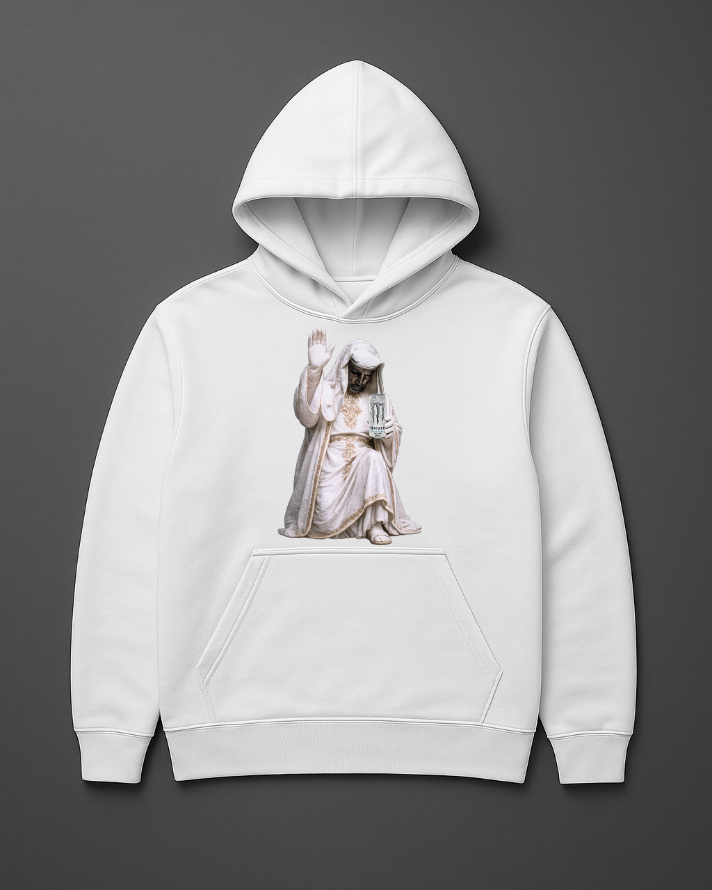 Bluza z kapturem z nadrukiem postaci w białej szacie, trzymającej świecę.
