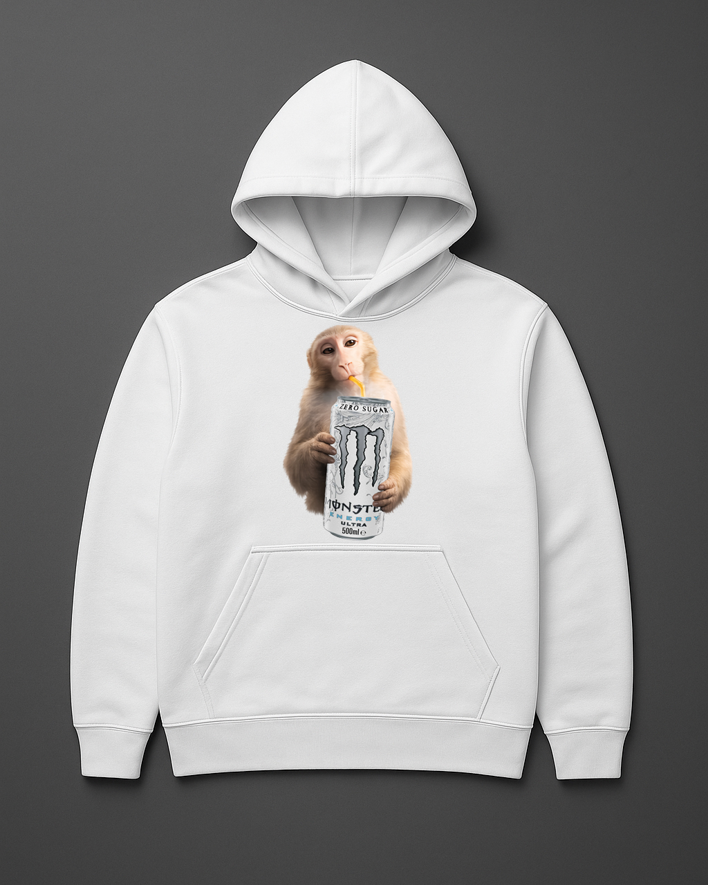 Bluza z małpką trzymającą puszkę napoju energetycznego Monster.