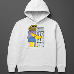 Bluza z rysunkiem postaci trzymającej puszkę napoju energetycznego.