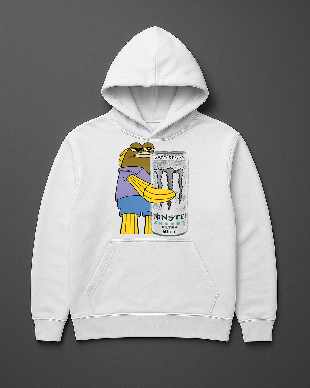 Bluza z rysunkiem postaci trzymającej puszkę napoju energetycznego.