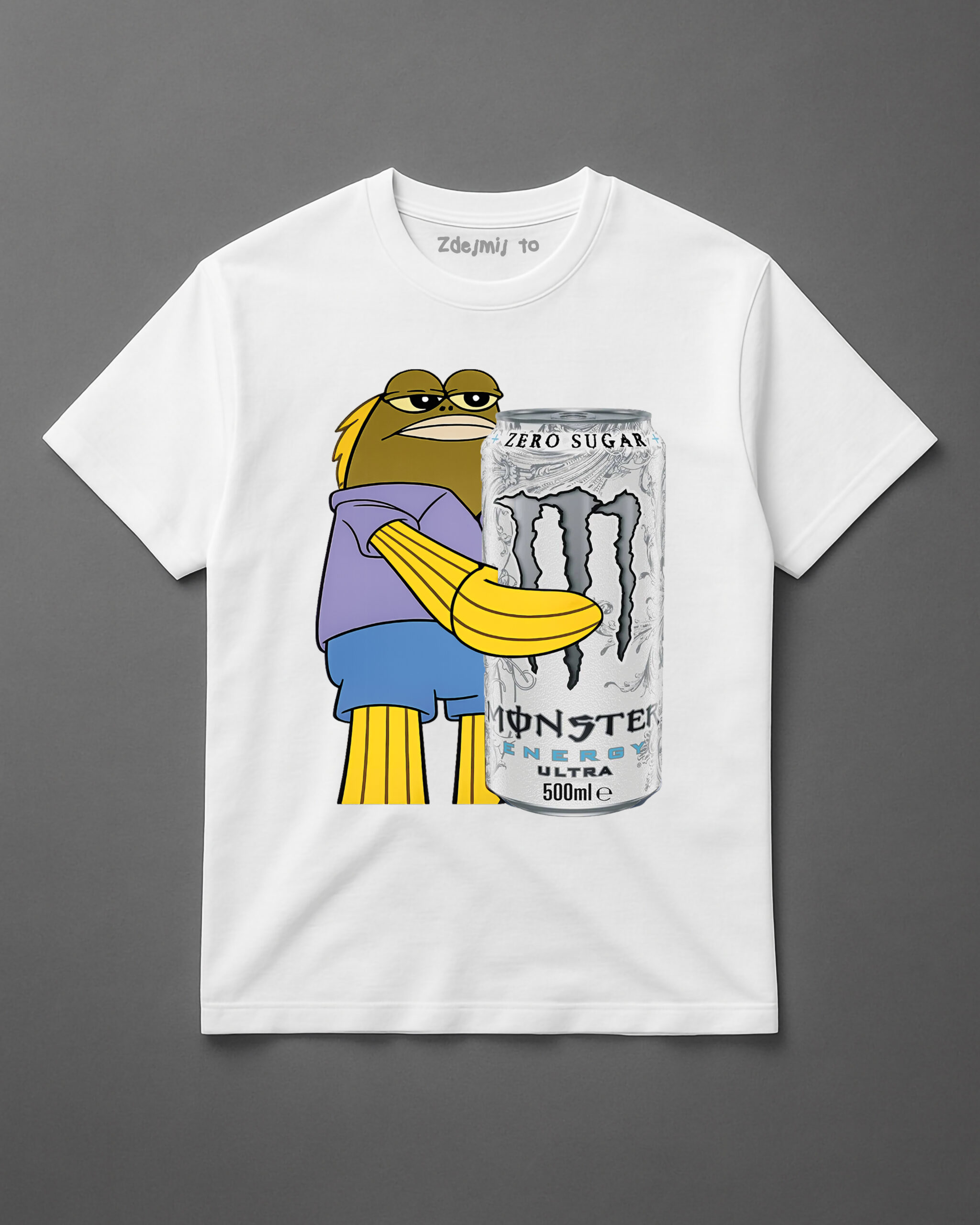 Koszulka z postacią trzymającą puszkę napoju Monster Zero Sugar.