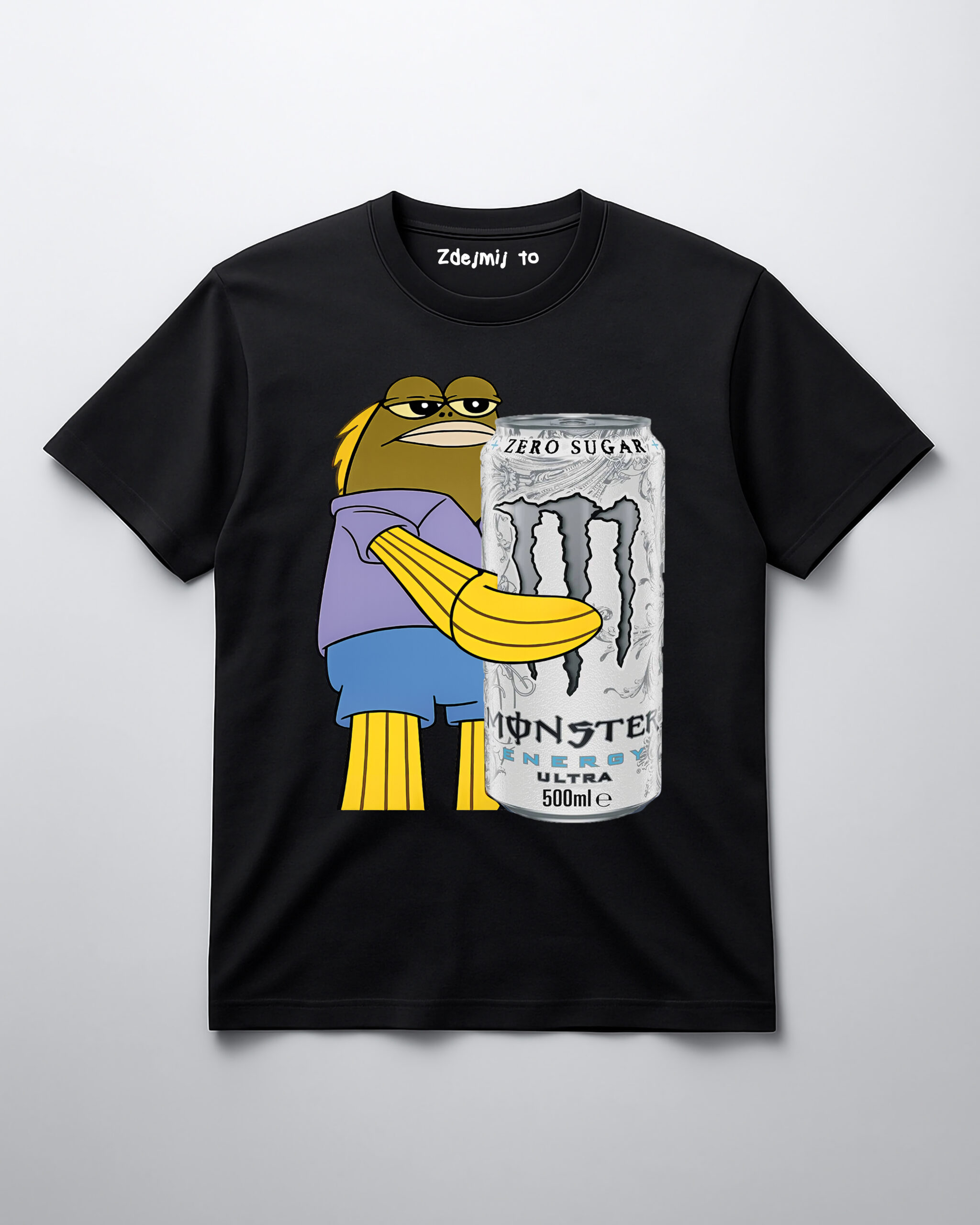 Koszulka z zabawną grafiką żółtej postaci trzymającą puszkę napoju energetycznego.